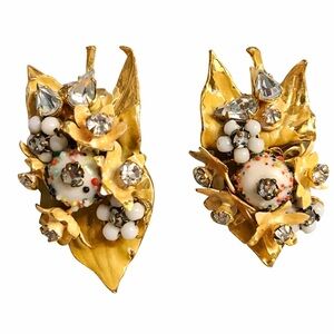 Vintage Signed Robert Originals Gold Floral Rhinestone Statement Earrings